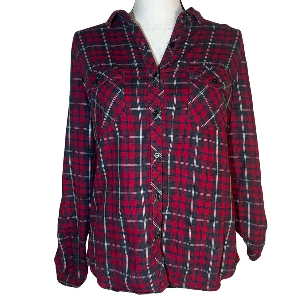 5/$25 Cozy Warm Fall Long Sleeve Red Blue Button-Up Plaid Flannel Size Medium